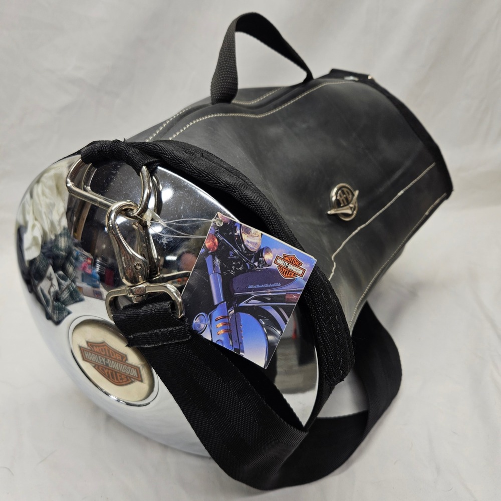 Harley-Davidson Barrel Duffle Bag Large Black Leather Chrome Biker Gear Bag